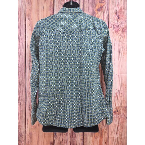Cinch Womens Long Sleeve Button-Up Shirt Medium Blue/Green Diamond Print - Picture 2 of 7